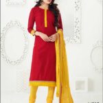 64017FireBrickRed and Yellow Chanderi Straight Suit