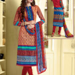 15022 Multicolor and Red Cotton Satin Straight Suit