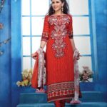 3804White and Red Printed Glace Cotton Straight Suit
