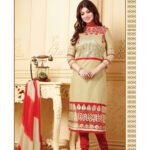 10010 Beige and Red Cotton Straight Suit