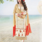 824Ivory and Red Satin Cotton Party Wear Long Straight Suit