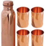 One Plain Copper Bottle And Four Plain Copper Glasses