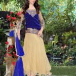 11016Wheat and Dark Blue Anarkali Suit