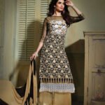 6106Black and SandyBrown Party Wear Pure Nett Straight Suit