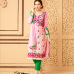 2061Pink and Green Party Wear Satin Cotton Straight Suit