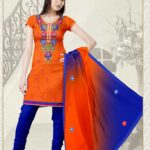 1004 Orange Red and Blue Georgette Jacquard Dress Material