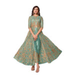 Soft Cyan Butterfly Net Embroidered Designer Suit
